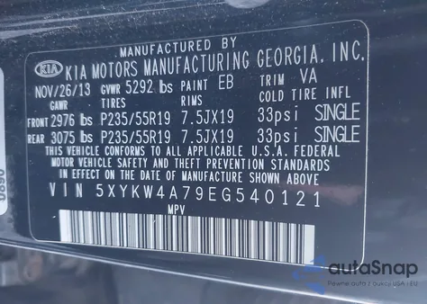 2014 Kia Sorento Sx z USA, uszkodzony, nr VIN 5XYKW4A79EG540121